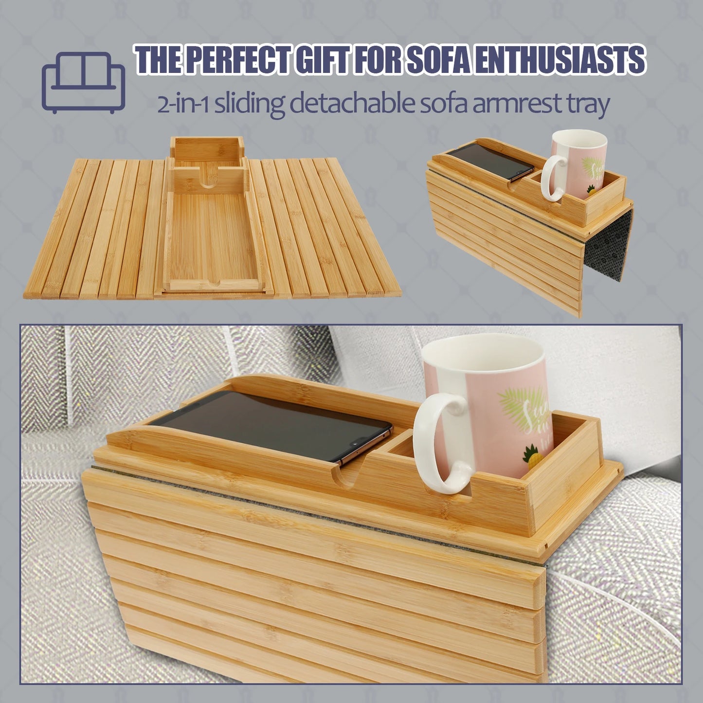 Bamboo Couch Cup Holder Tray